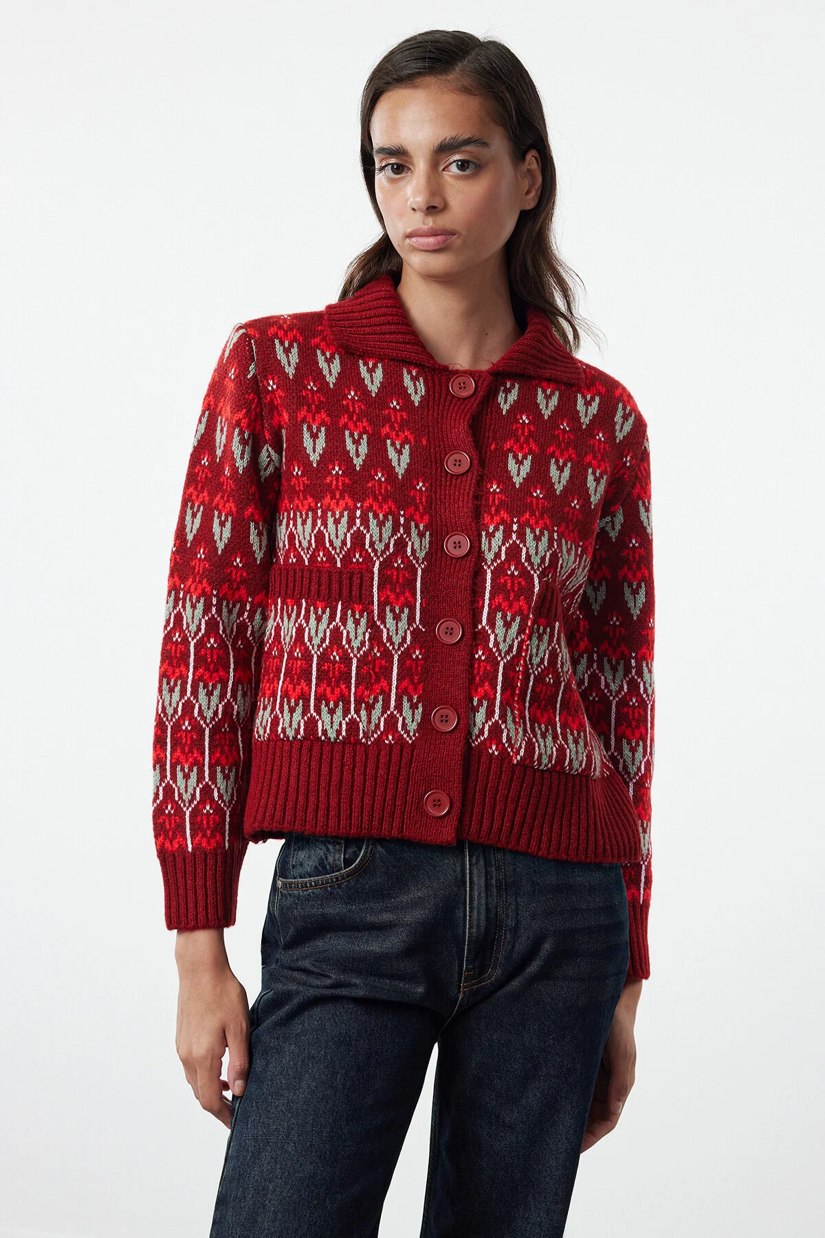 Bild von Trendyol Collection Burgunderfarbener Strick-cardigan Mit Polokragen-muster – Weich Strukturiert für Damen - M