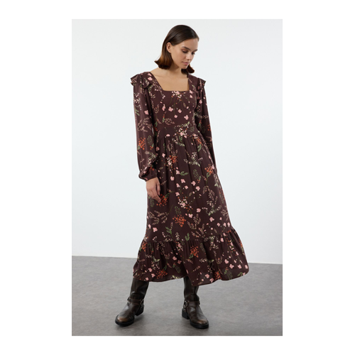 Bild von Trendyol Collection Braunes A-Linien-Viskosekleid mit Rüschen und Blumendruck