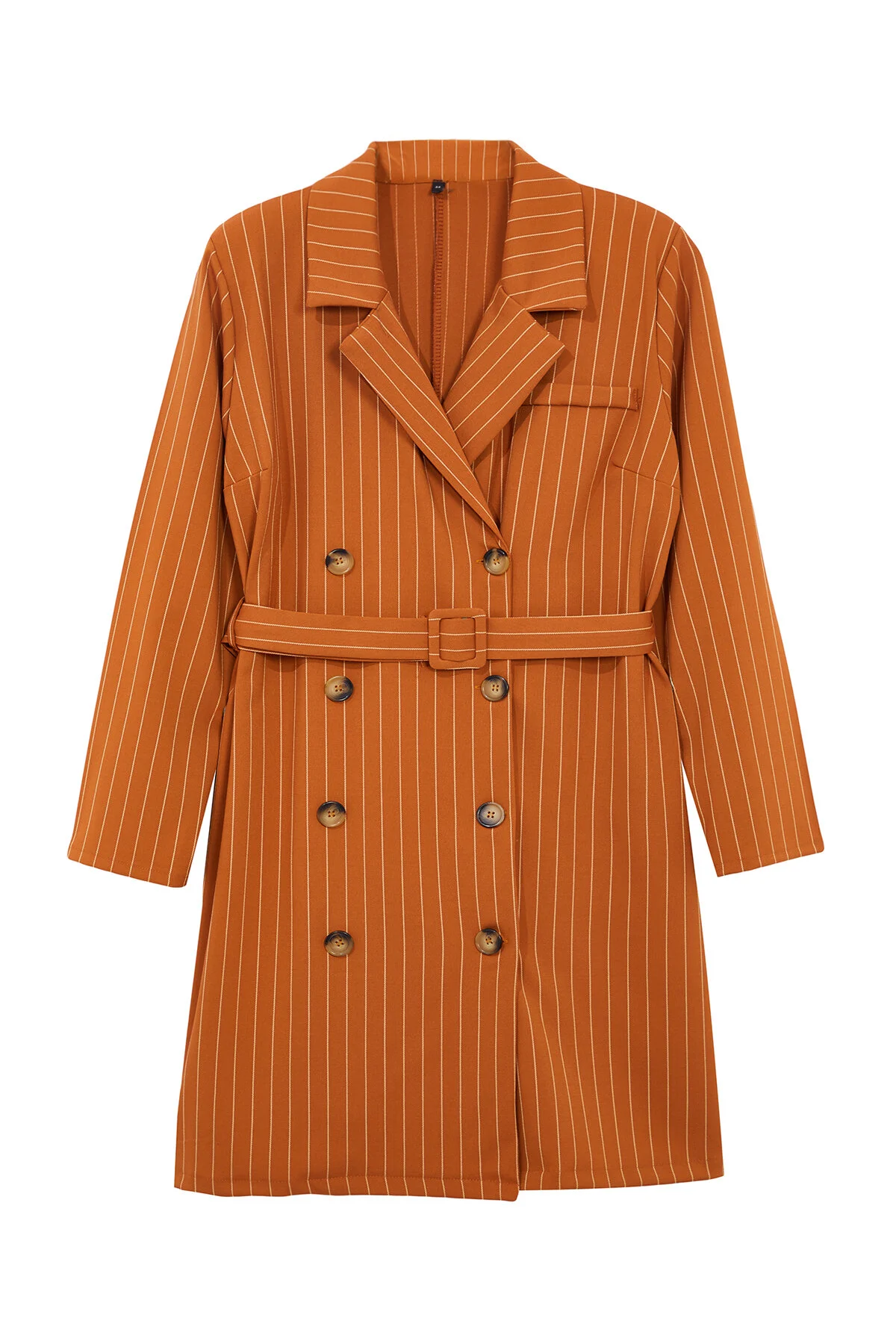 Bild von Edit by Trendyol Orangefarbenes Mini-jackenkleid Mit Streifen Und Gürtel In Übergröße Tbbaw25ah00047 für Damen - 44