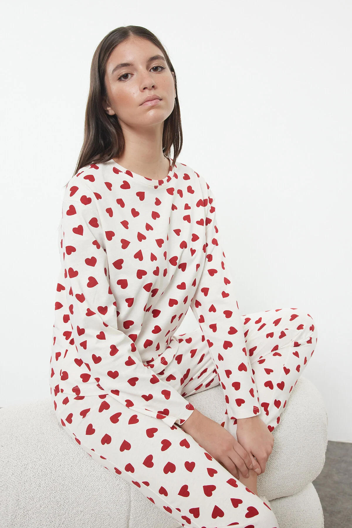 Bild von Trendyol Collection Ecrufarbenes Strick-pyjama-set Mit Herzen – 100 % Baumwolle für Damen - S