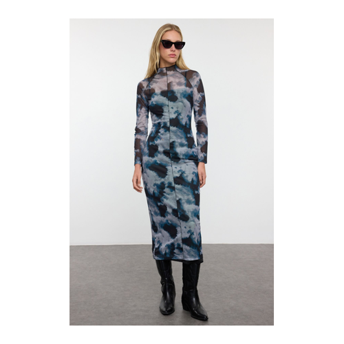 Bild von Trendyol Collection Abstraktes Bedrucktes Schwarzes Tüll-strickkleid Mit Paspeln – Figurbetont, für Damen - M