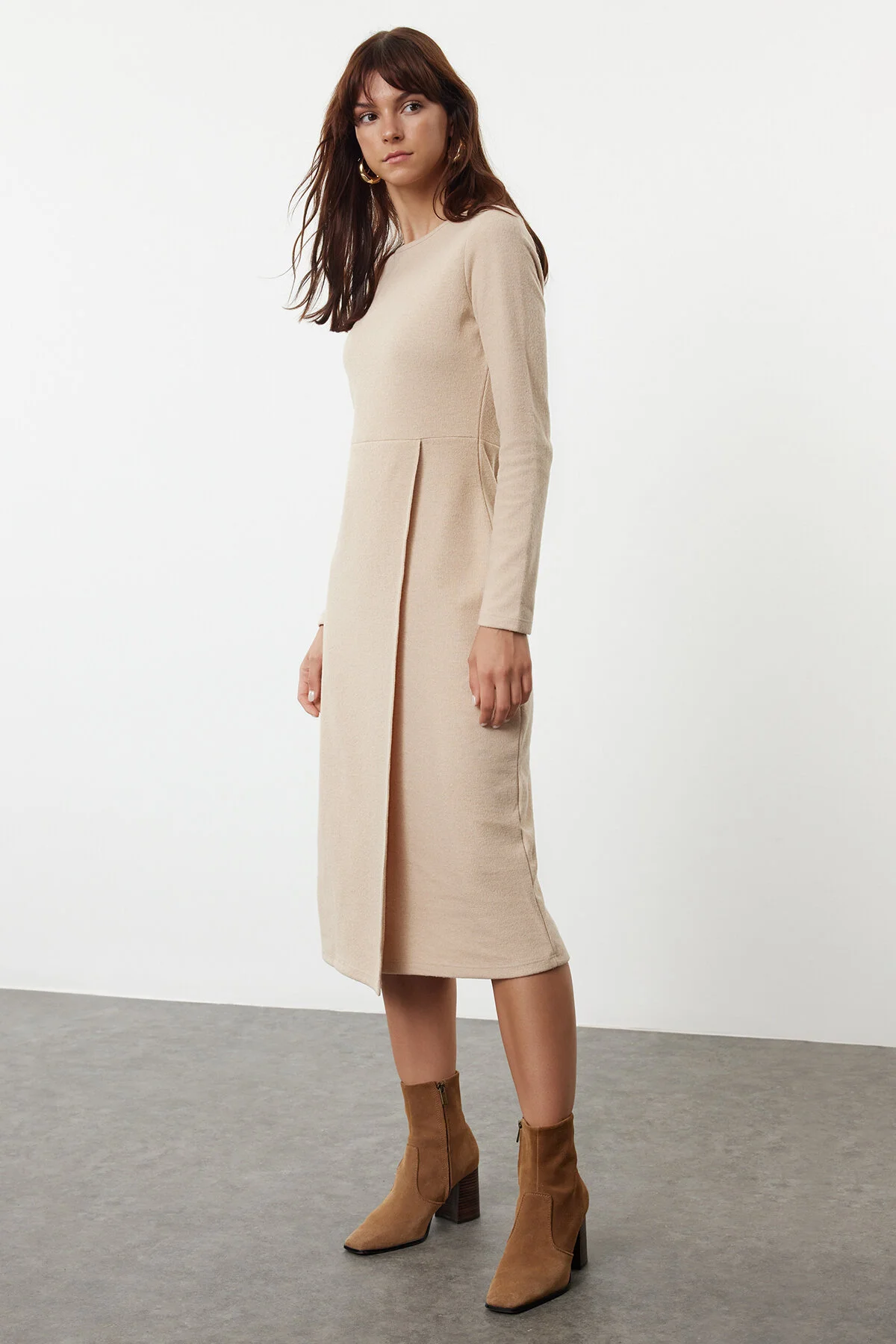Bild von Trendyol Collection Beiges Stretch-strick-midi-kleid Plain Thessaloniki Wrap für Damen - L