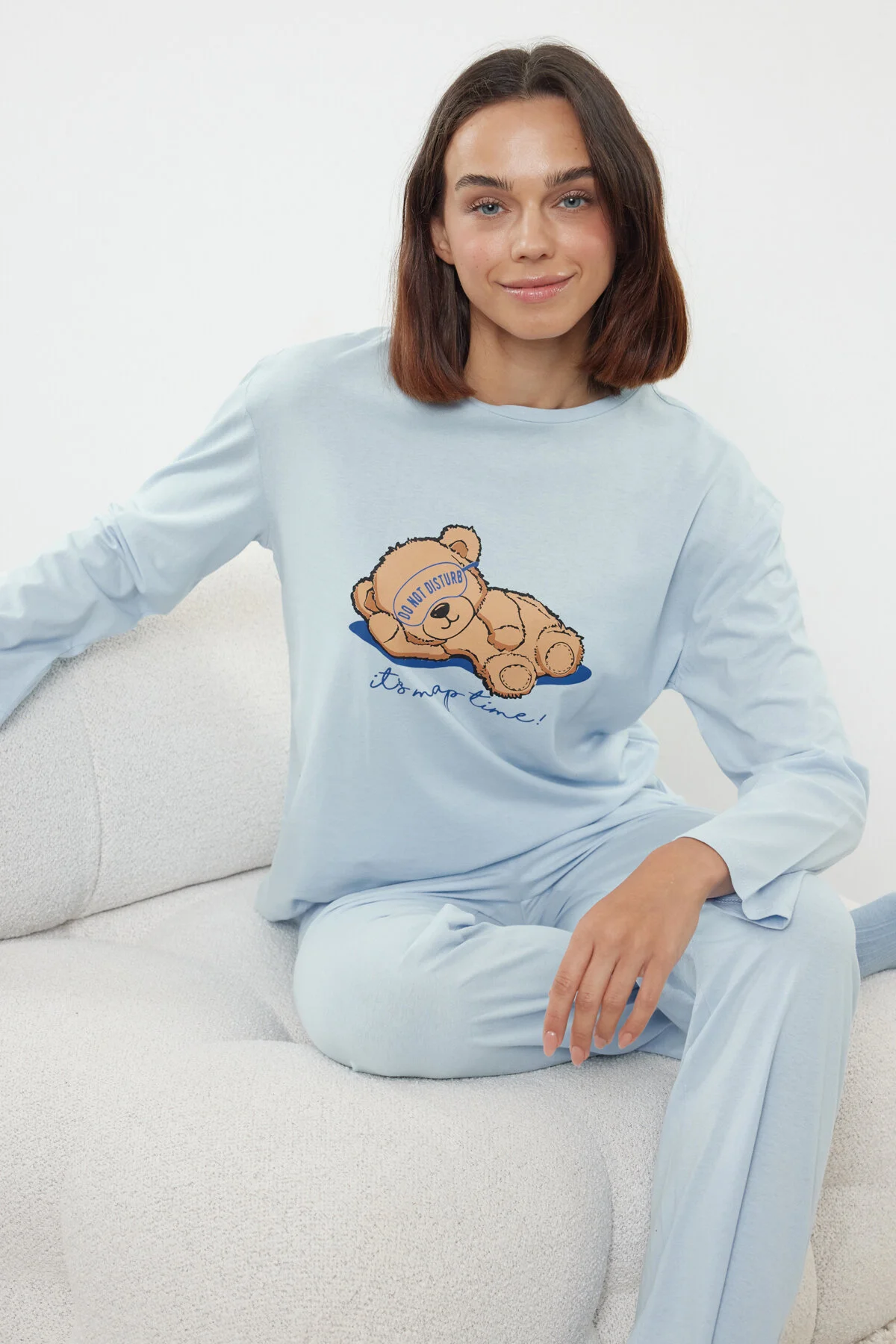Bild von Trendyol Collection Baumwollblaues Teddybär-pyjama-set – Slogan Bedruckt für Damen - M