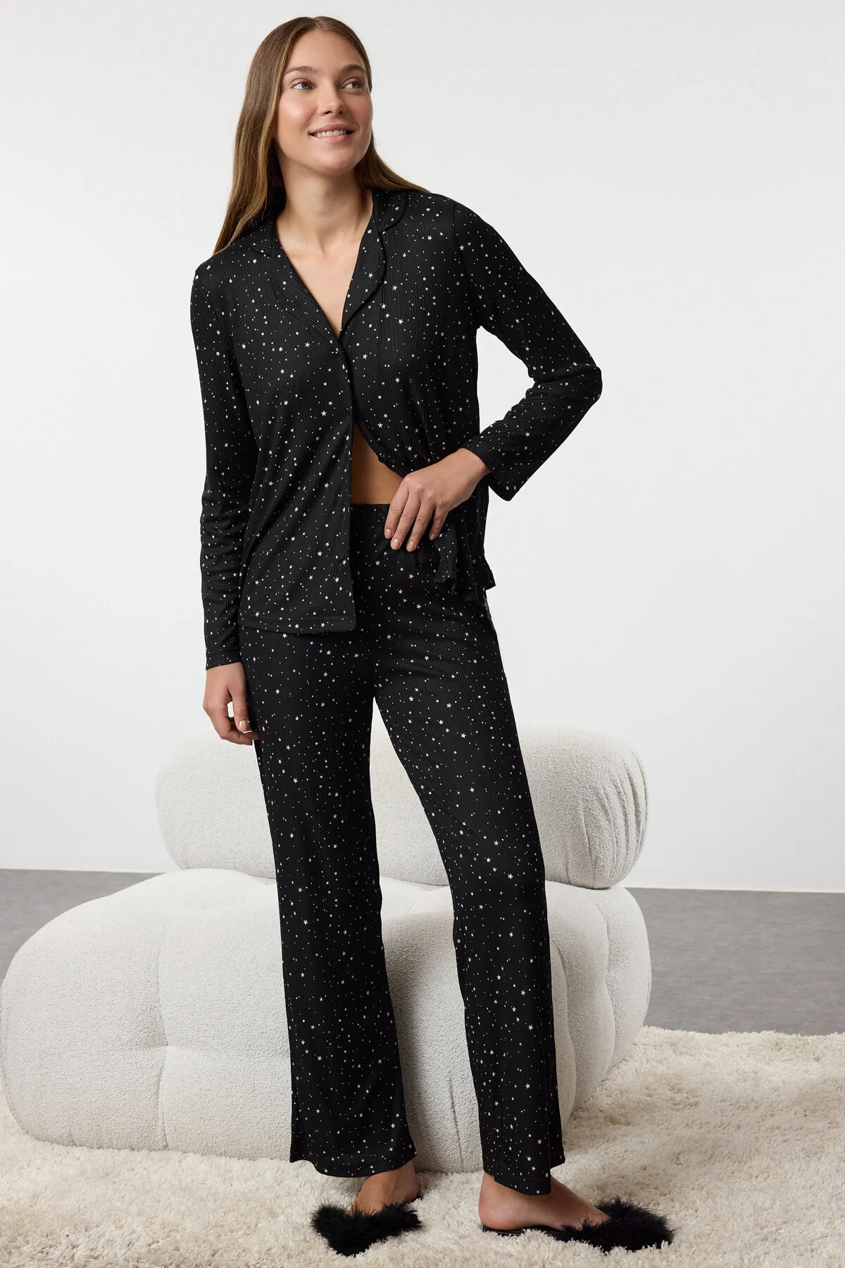 Bild von Trendyol Collection Schwarzes Strick-pyjama-set Mit Geripptem Sternmuster – für Damen - L