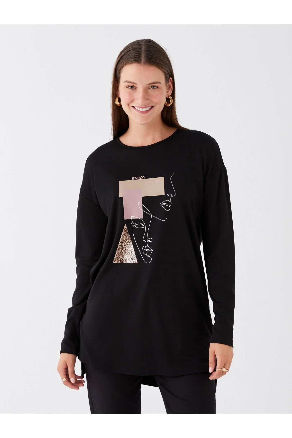 Bild von LC Waikiki Gemusterte, Langärmlige Bluse Mit Rundhalsausschnitt für Damen - S