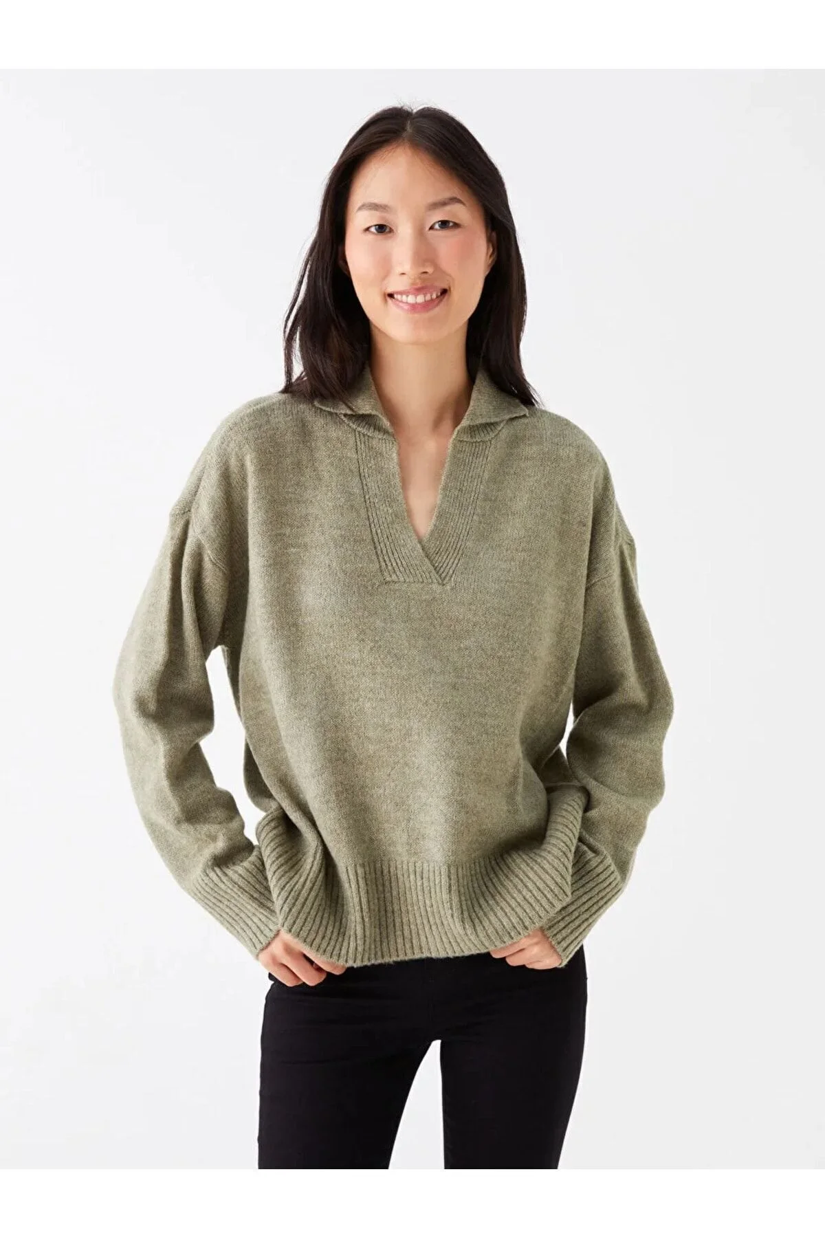 Bild von LC Waikiki Einfarbiger Langärmliger Strickpullover Mit Hemdkragen für Damen - S