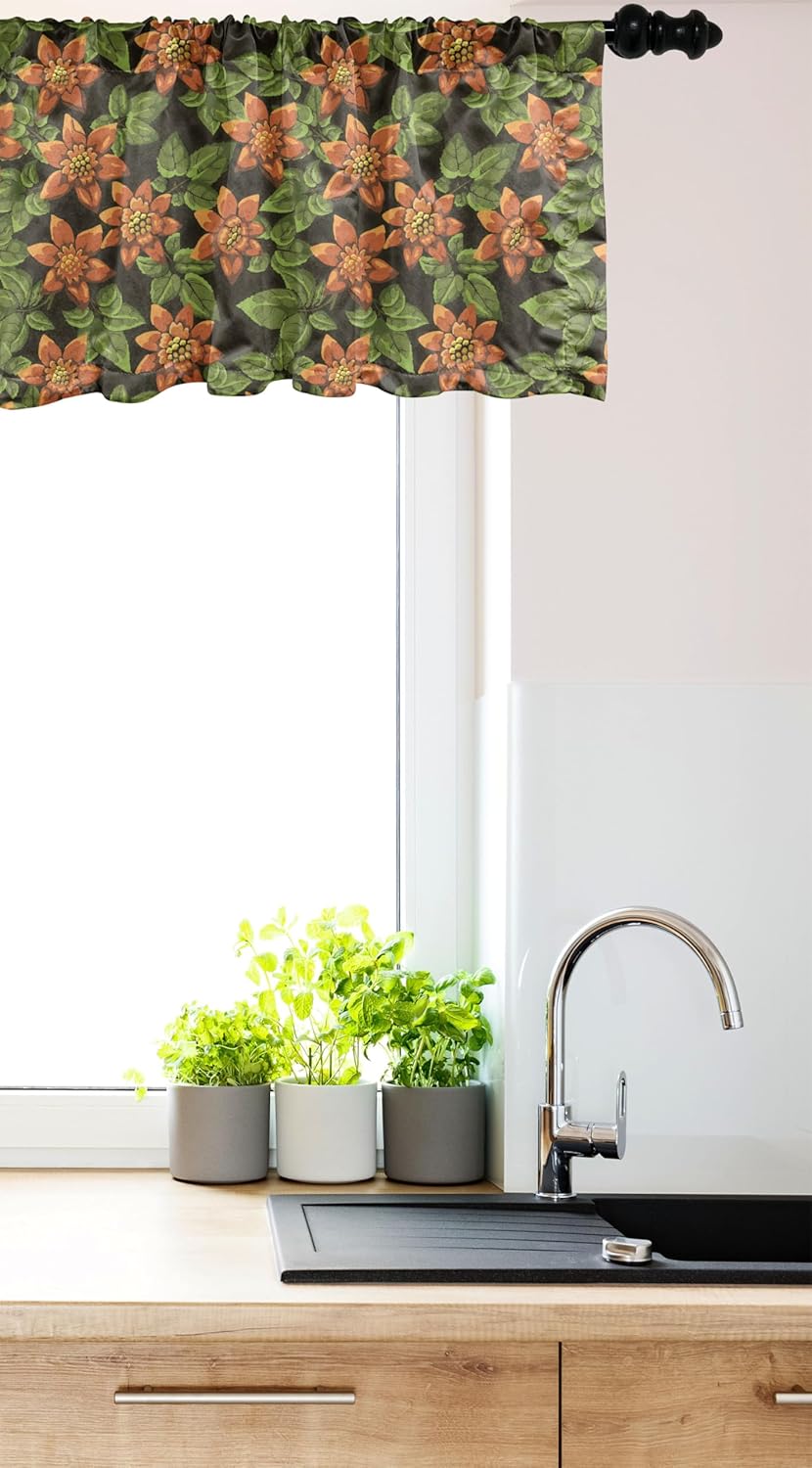 Bild von ABAKUHAUS Burnt orange Fenster Volant, Blumenblatt-Blatt Malerei, Vorhang Volant für Küche Schlafzimmer Dekor mit Stangentasche, 137 cm X 30 cm, Dunkle Taupe und Grün