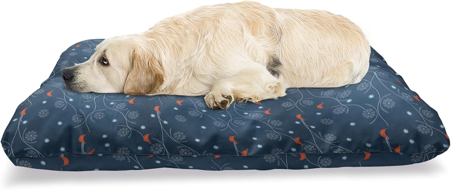 Bild von ABAKUHAUS Winter Haustierbett, Vögel auf Zweigen, beissfestes Kissen für Hunde und Katzen mit abnehmbaren Bezug, 60 cm x 100 cm, Petrol Blau Orange Weiß