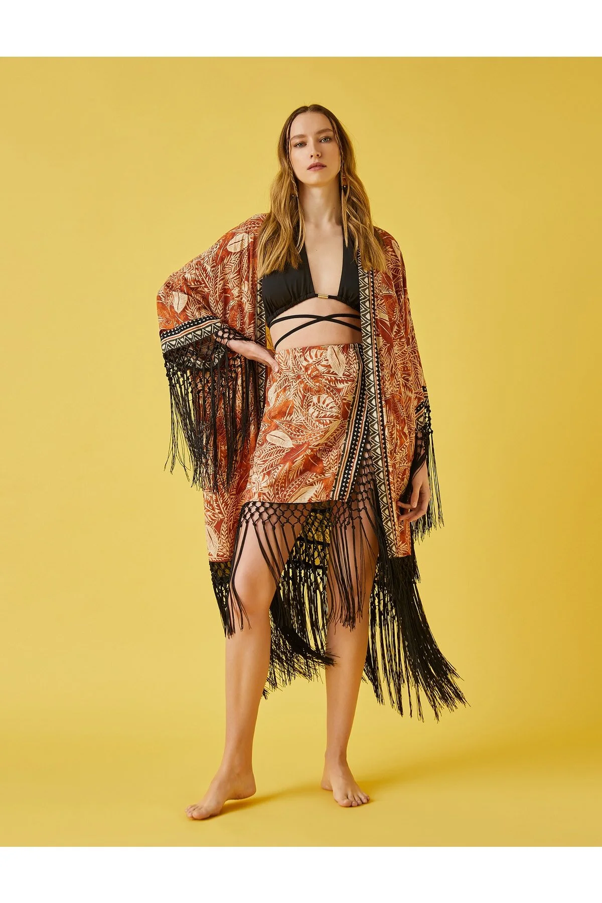 Bild von Koton Gemusterter Kimono Mit Bindegürtel Und Quastendetail für Damen - 40