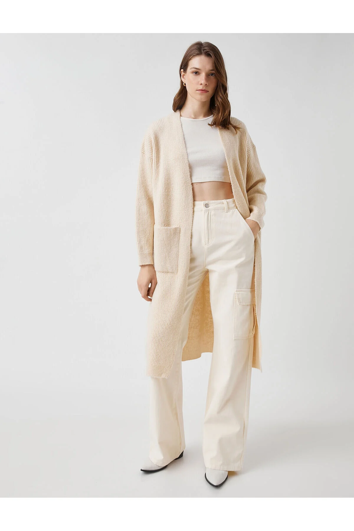 Bild von Koton Lange Gewebte Strickjacke Mit Taschen Und Langen Ärmeln für Damen - S