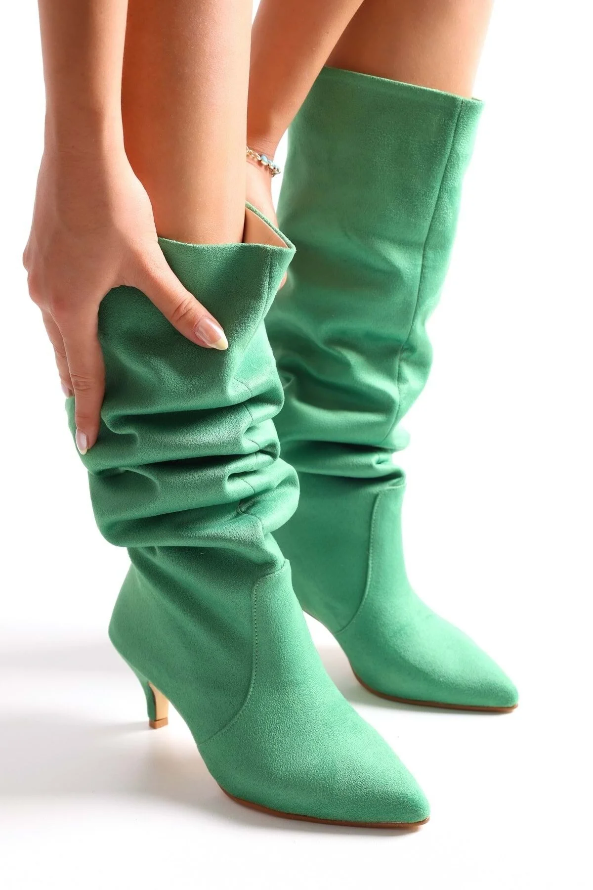 Bild von Shoeberry Stiefel „pia“ Aus Grünem Wildleder Mit Balgabsatz, Grünes Wildleder für Damen - 36