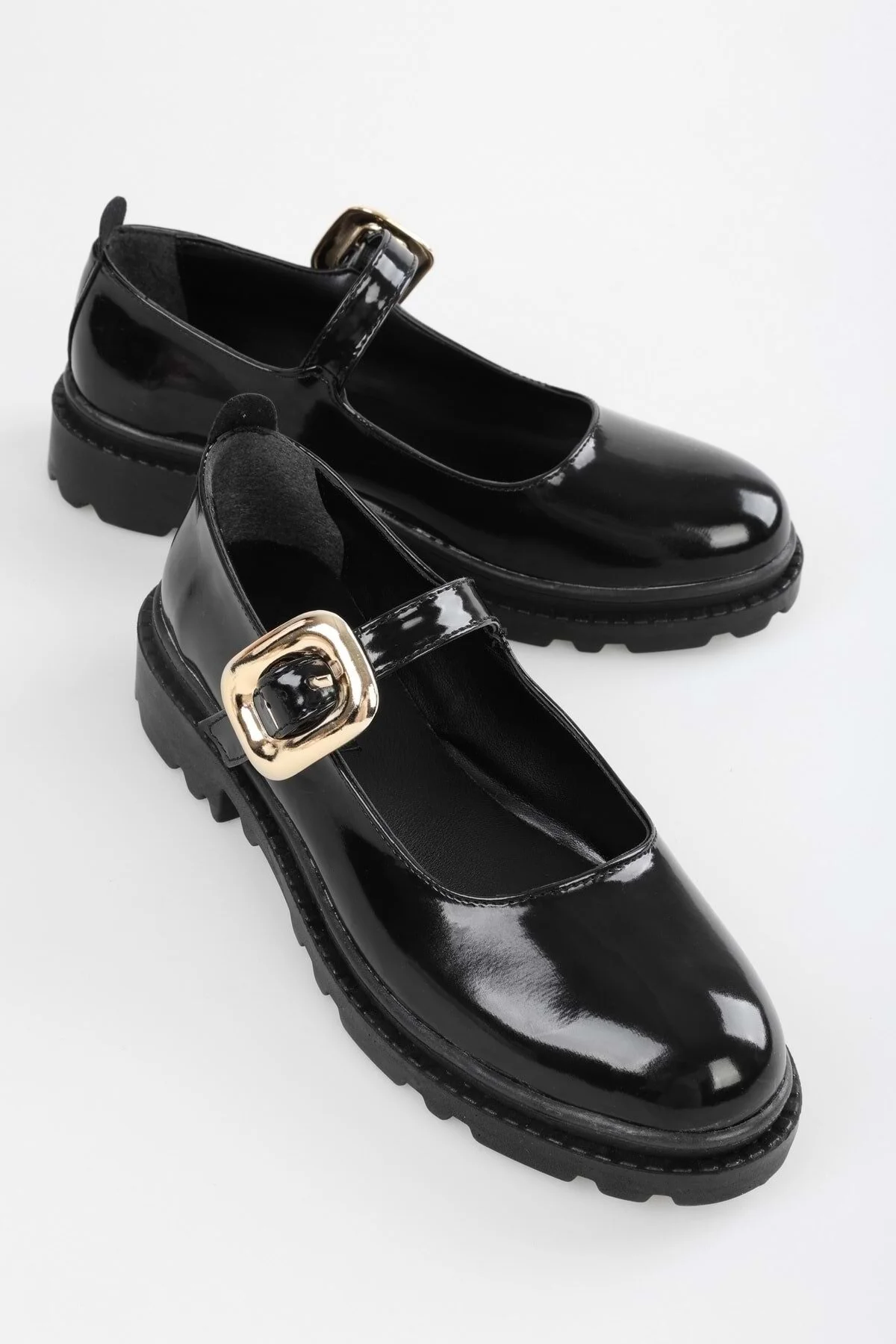 Bild von Shoeberry Ophelia Schwarzes Lackleder Gold Schnalle Alltagsballerinas für Damen - 39