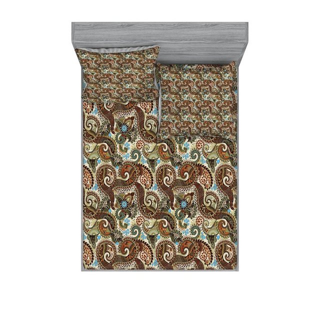 Bild von ABAKUHAUS Paisley Buntes Spannbetttuch- und Kissenbezug-Set, Blooms Ethnic, dekoratives,bedrucktes 3-teiliges Bettwäscheset, 160 x 200 cm - 80 x 80 cm, Mehrfarbig