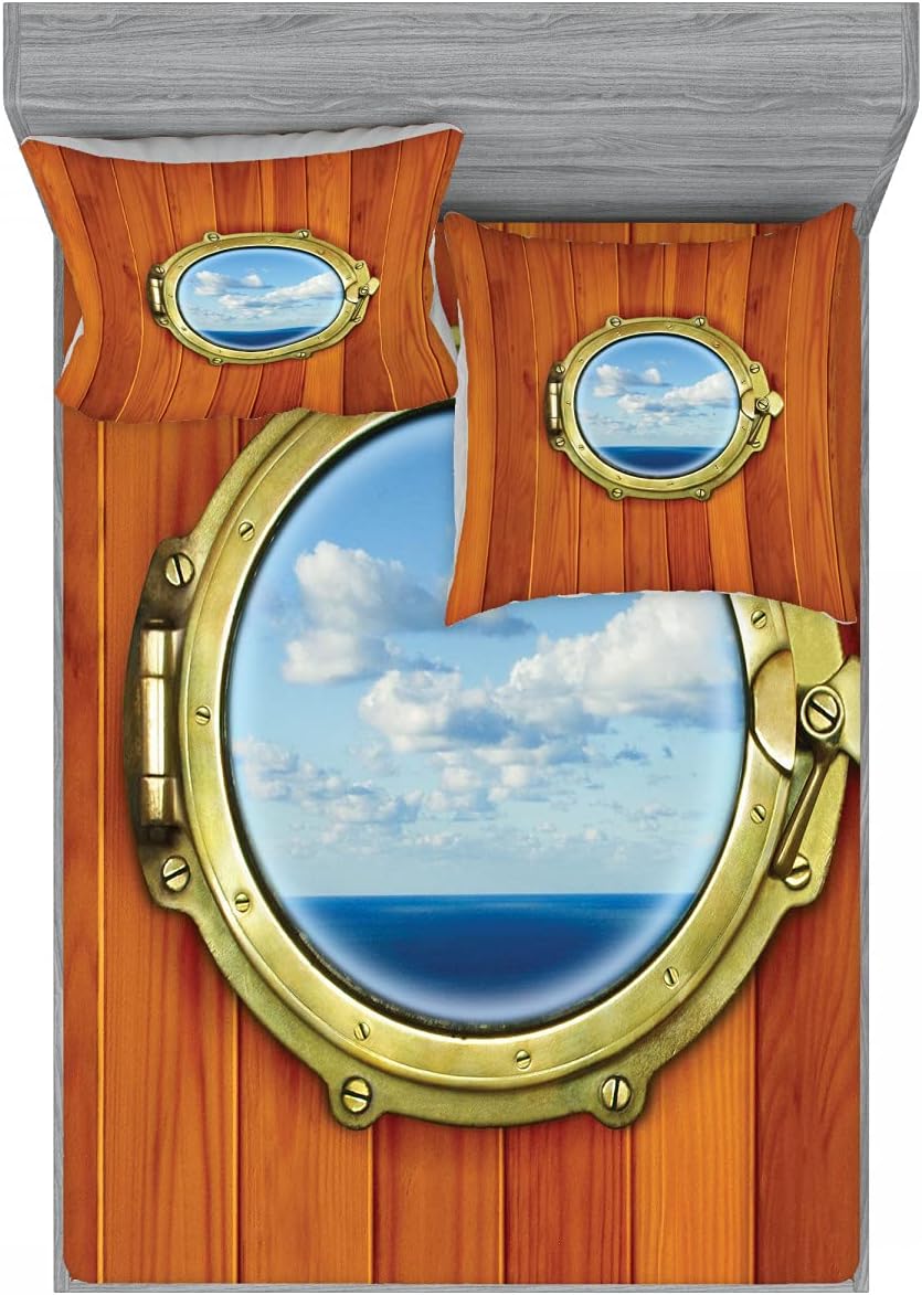 Bild von ABAKUHAUS Nautisch Buntes Spannbetttuch- und Kissenbezug-Set, Schiff Alten Segelschiff, dekoratives,bedrucktes 3-teiliges Bettwäscheset, 160 x 200 cm - 80 x 80 cm, Dark Orange Pale Blue