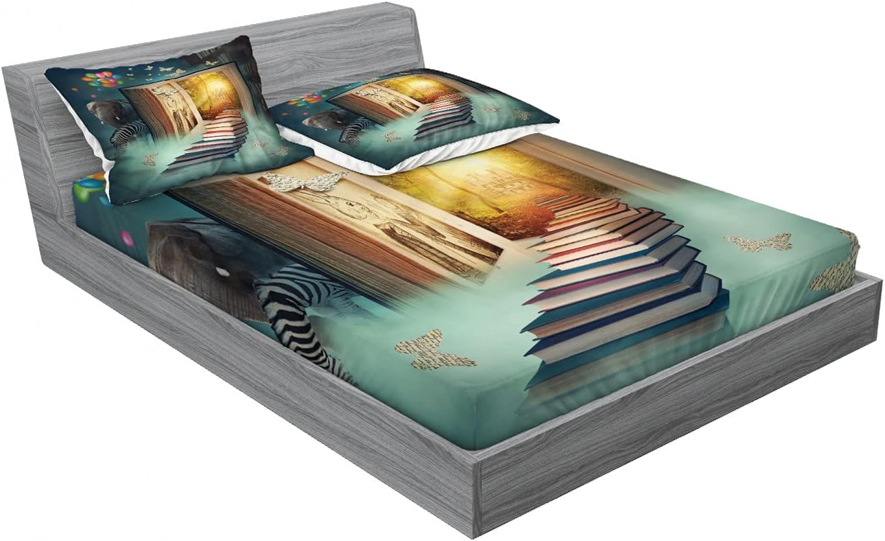 Bild von ABAKUHAUS Fantasie Buntes Spannbetttuch- und Kissenbezug-Set, Magic Book und Tiere, dekoratives,bedrucktes 3-teiliges Bettwäscheset, 180 x 200 cm - 80 x 80 cm, Teal und Gelb