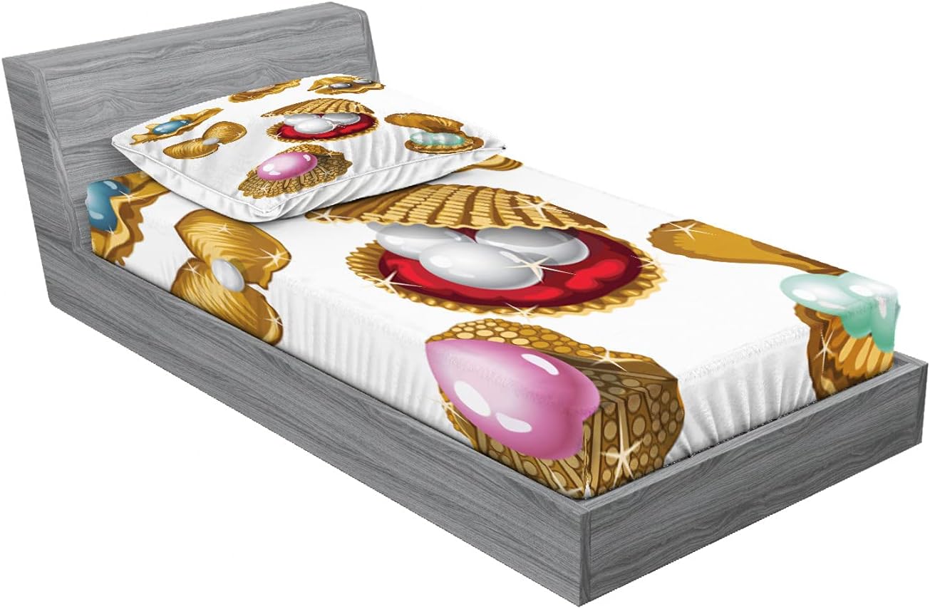 Bild von ABAKUHAUS Pearls Buntes Spannbetttuch- und Kissenbezug-Set, Öffnen Sea Shells Bild, dekoratives,bedrucktes 2-teiliges Bettwäscheset, 140 x 200 cm - 80 x 80 cm, Mehrfarbig