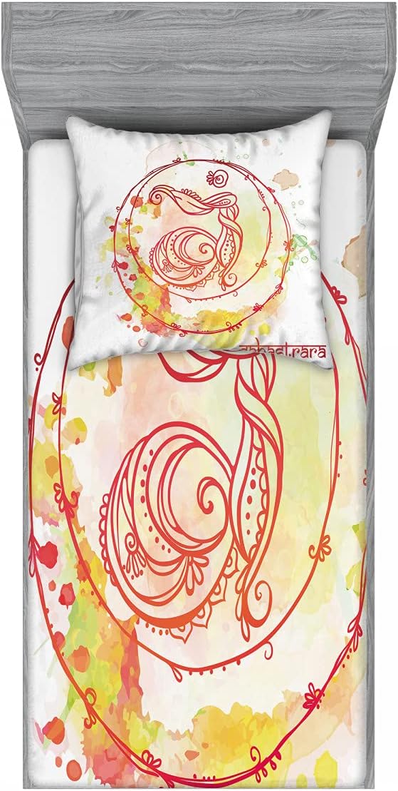 Bild von ABAKUHAUS Chakra Buntes Spannbetttuch- und Kissenbezug-Set, Yoga Chakra Gezeichnet, dekoratives,bedrucktes 2-teiliges Bettwäscheset, 140 x 200 cm - 80 x 80 cm, rot Gelb