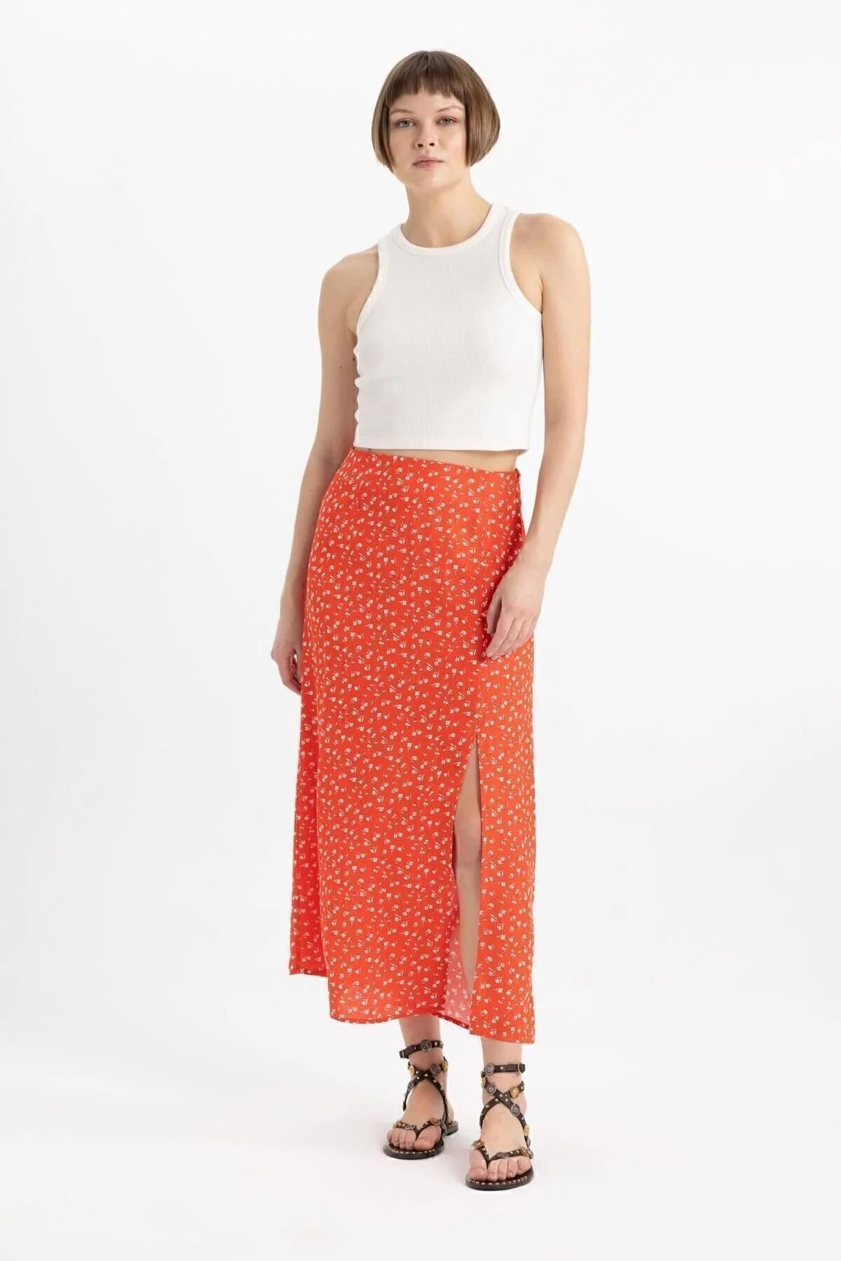 Bild von DeFacto A-linien-midirock Mit Blumenmuster Und Normaler Taille, Schlitz, X6692az24sm für Damen - 34