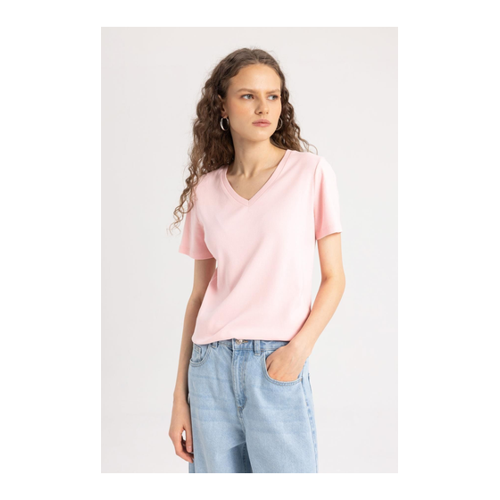 Bild von DeFacto Geripptes T-Shirt Mit V-Ausschnitt – Kurzarm für Damen