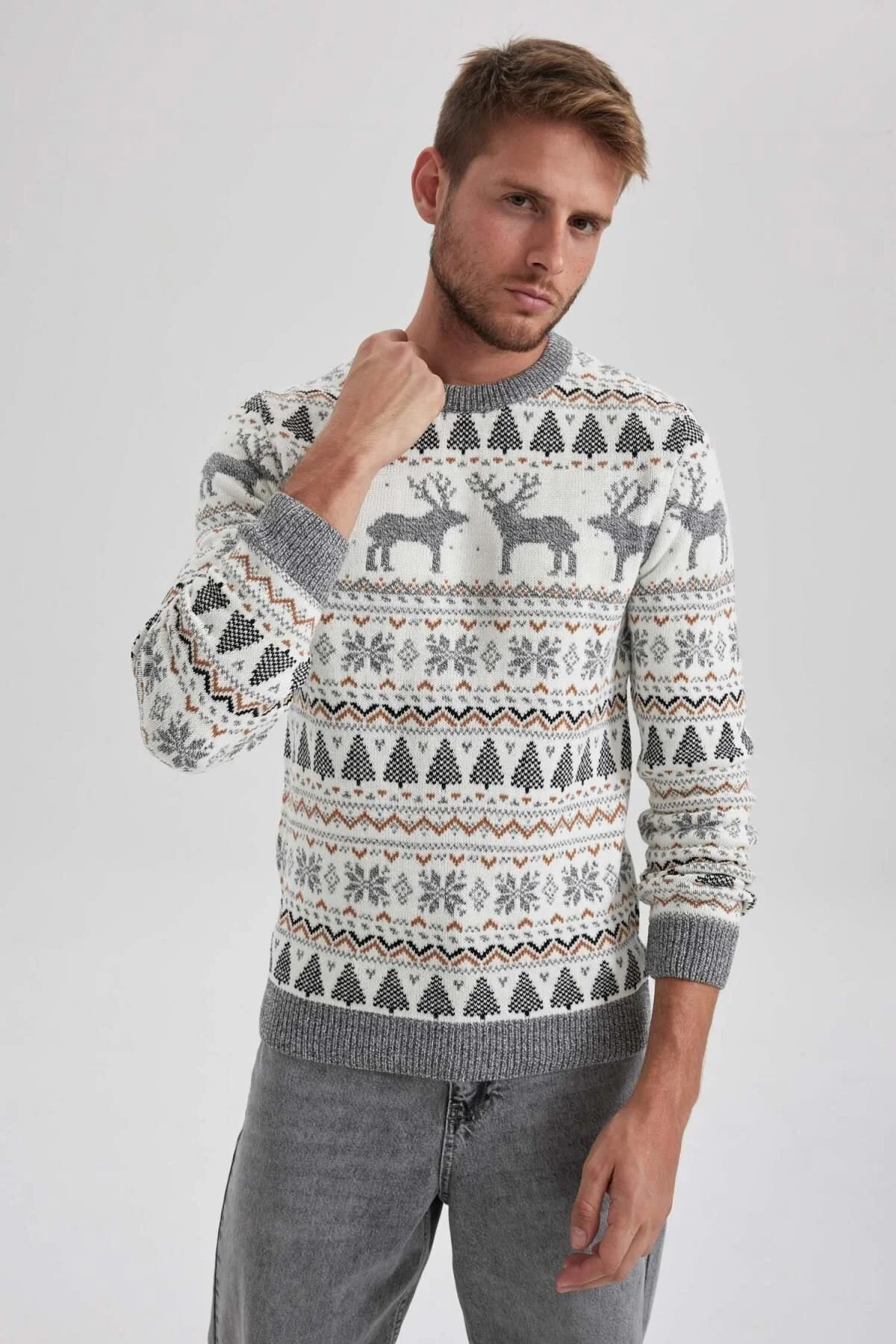 Bild von DeFacto Neujahrs-strickpullover Mit Standard-passform, Normaler Passform, Gemustert, Mit Rundhalsausschnitt, Y1928az23wn für Herren - S