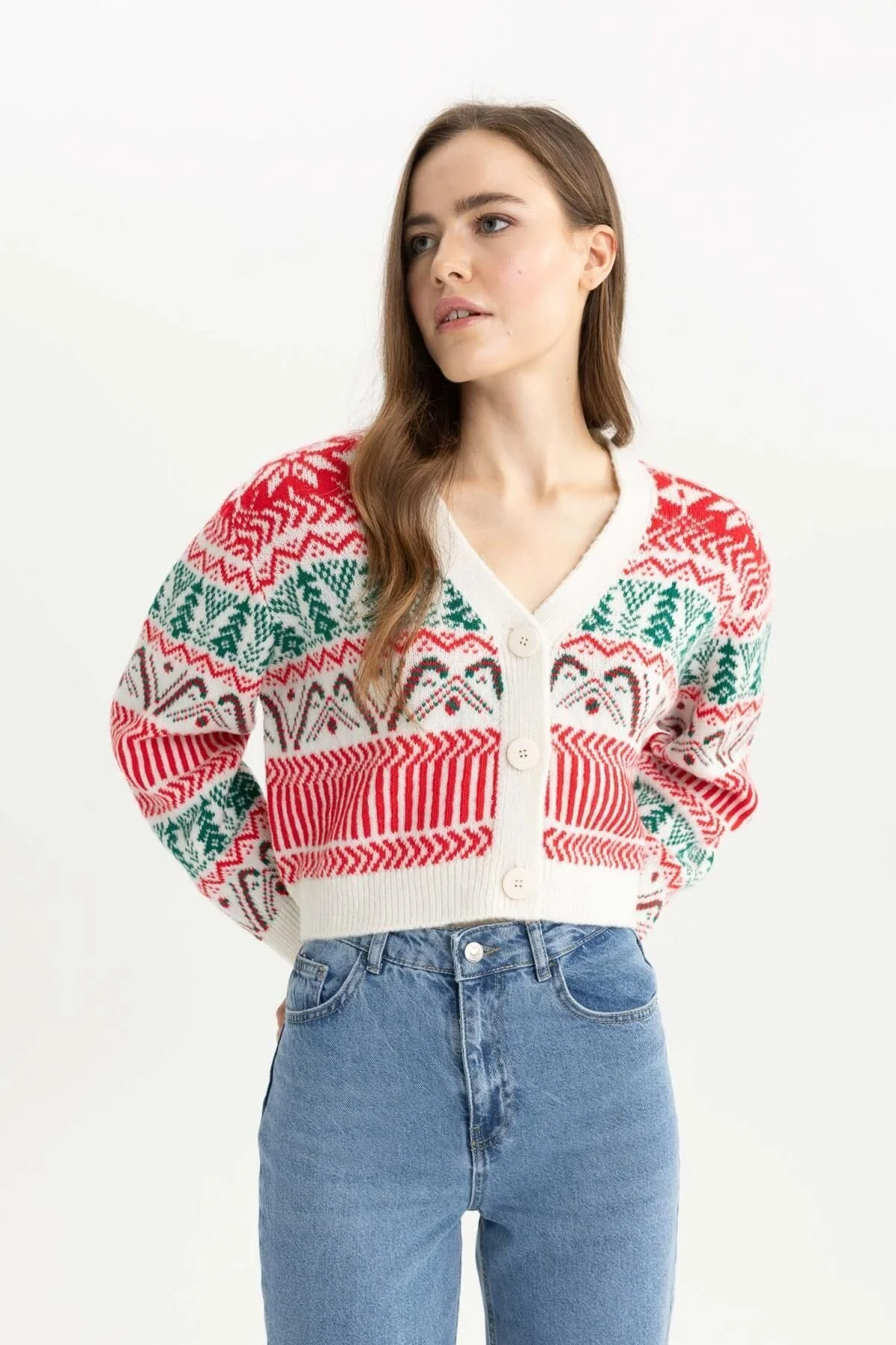 Bild von DeFacto Strickjacke Mit V-ausschnitt Und Knopfleiste Mit Neujahrsmotiv A5433ax23cw für Damen - L