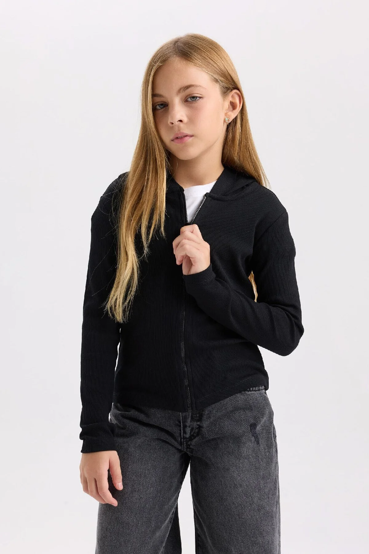 Bild von DeFacto Geripptes Camisole-sweatshirt Mit Kapuze Für Mädchen – Reißverschluss D3350a824au für Damen - 13–14 Jahre