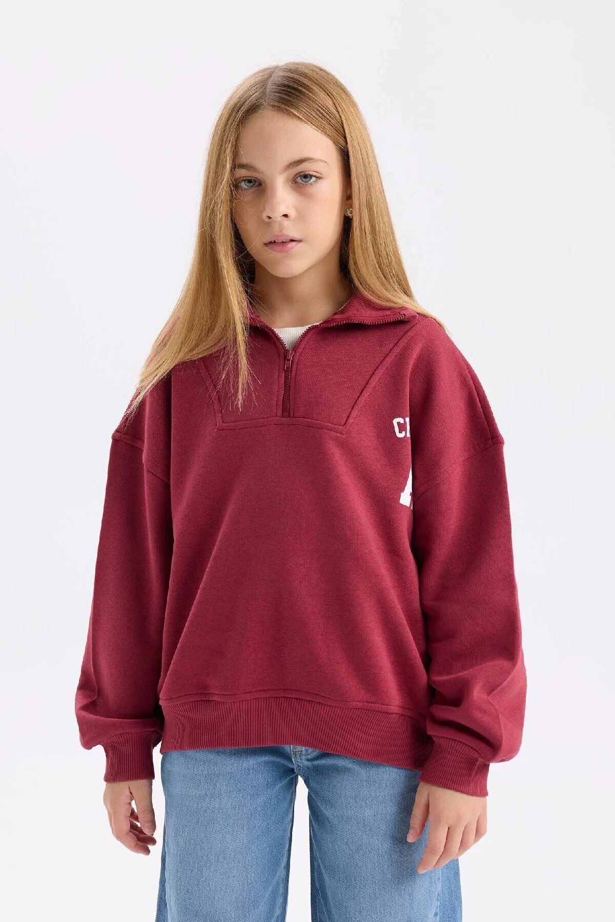 Bild von DeFacto Übergroßes, Breites Sweatshirt Für Mädchen Mit Reißverschluss, Stehkragen, Bedruckt, Weiches, Pelziges, Dickes Sweatshirt D3357a8 für Damen - 5–6 Jahre