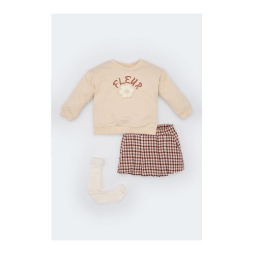 Bild von DeFacto 3-teiliges Set Für Babys – Bedrucktes Sweatshirt Mit Rundhalsausschnitt, Karierter Rock Und Socken