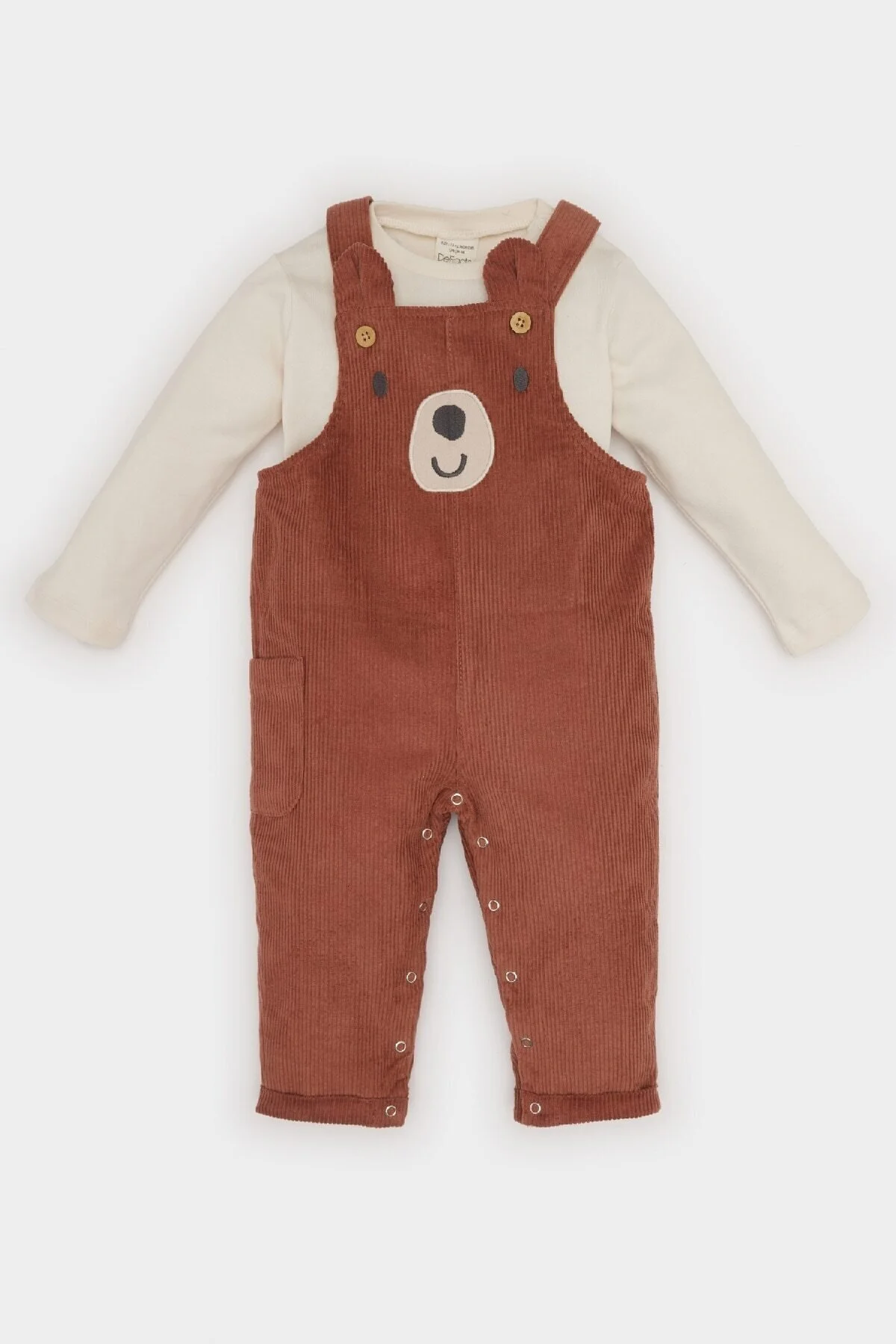 Bild von DeFacto 2-teiliges Set Für Babys, Jungen, Rundhalsausschnitt, Langarm-t-shirt, Samt-teddybär-aufdruck, Overall für Herren - 24–36 Monate
