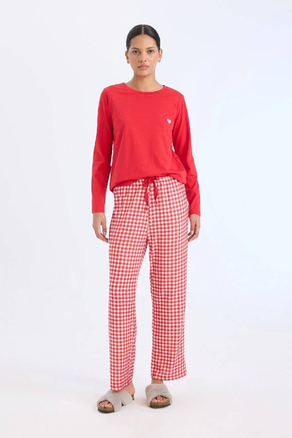 Bild von DeFacto Pyjama-set Zum Verlieben – Normale Passform, Lange Ärmel, Kariertes Oberteil, Langer Boden für Damen - L