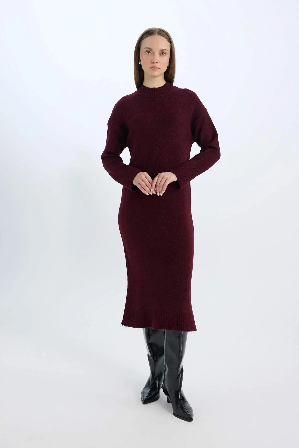 Bild von DeFacto Relax Fit Midikleid Mit Rollkragenpullover In Burgunderrot für Damen - XL