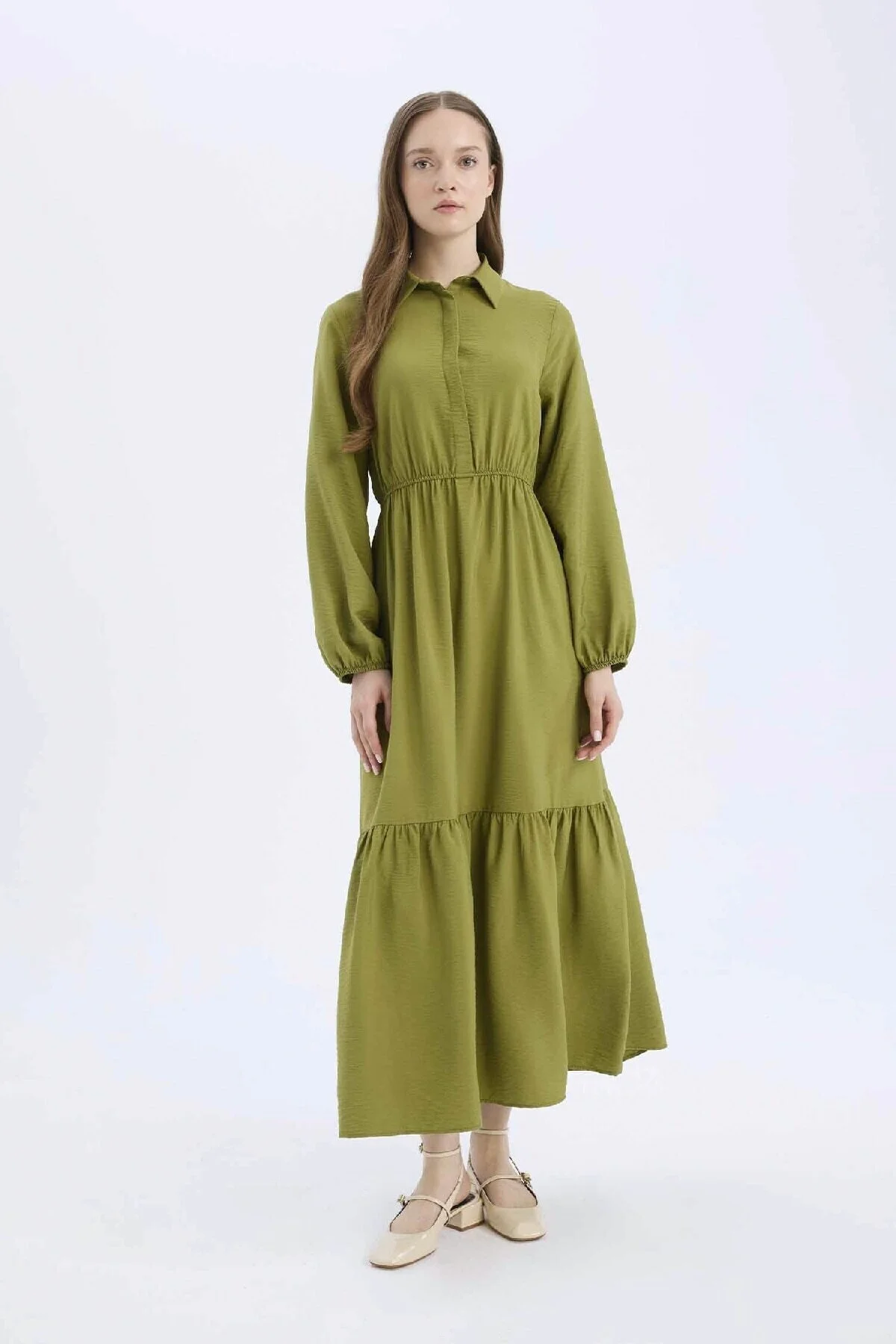 Bild von DeFacto Langärmliges Maxikleid Mit Hemdkragen – Gerader Knopf Und Kordelzug An Der Taille für Damen - 36