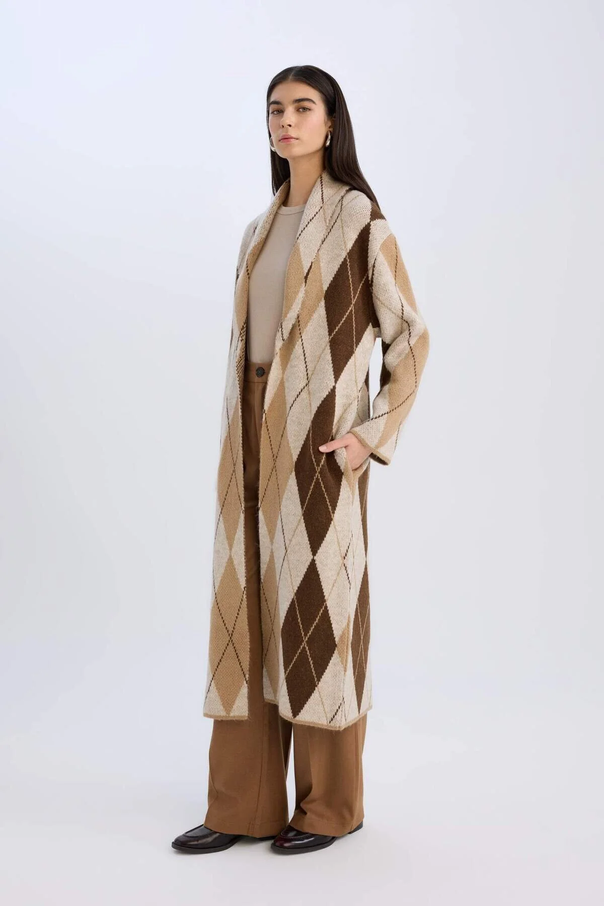 Bild von DeFacto Langer Strick-cardigan Mit Relax-fit-schalkragen Und Rautenmuster für Damen - S