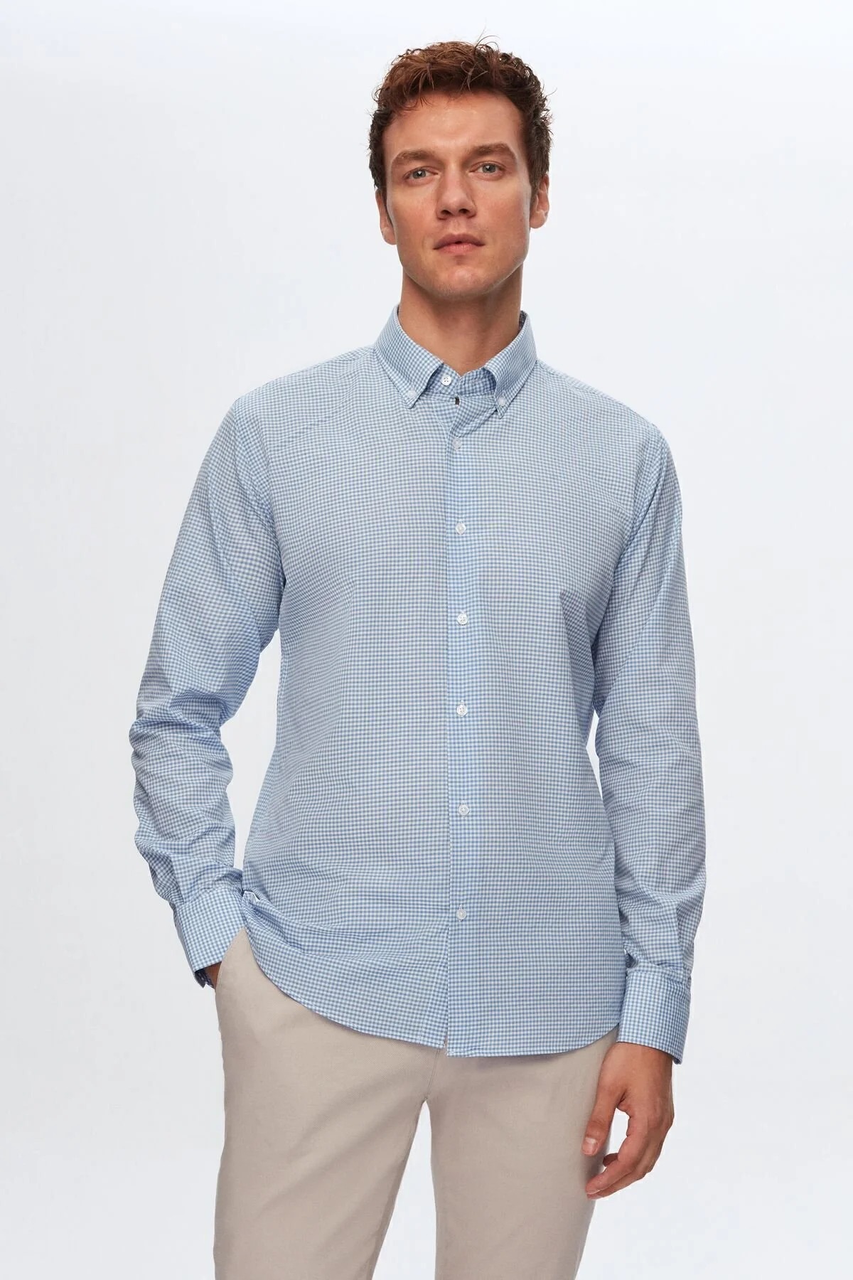 Bild von D'S Damat Slim-fit-hemd Mit Blauem Gingham-karomuster für Herren - M