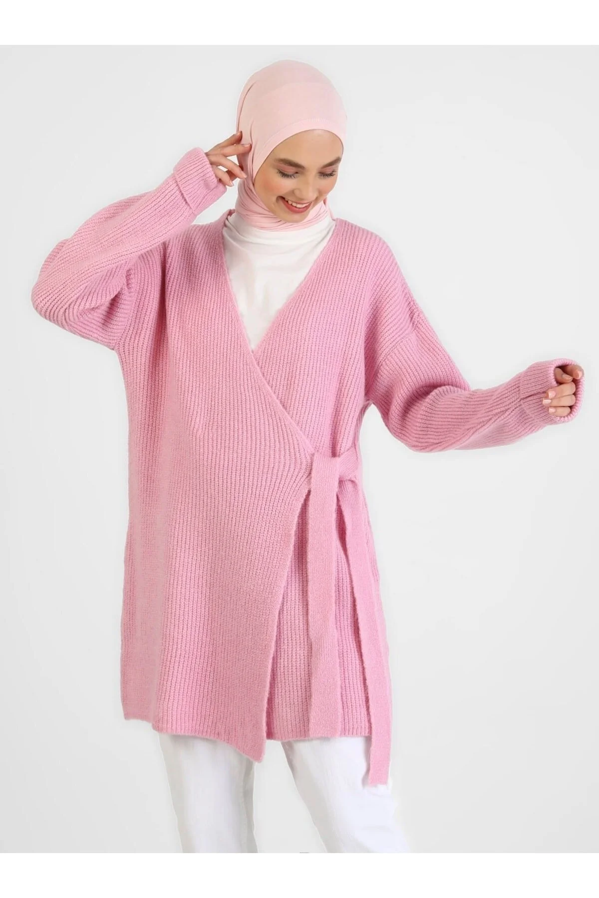 Bild von Benin Rosafarbener Strick-cardigan – Vorne Mit Bindedetail für Damen - S/M