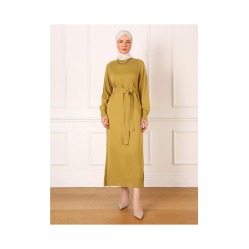 Bild von Refka Hijab-Kleid Aus Strick Mit Raglanärmeln Und Gürteldetail – Ölgrün – Refka für Damen - L/XL