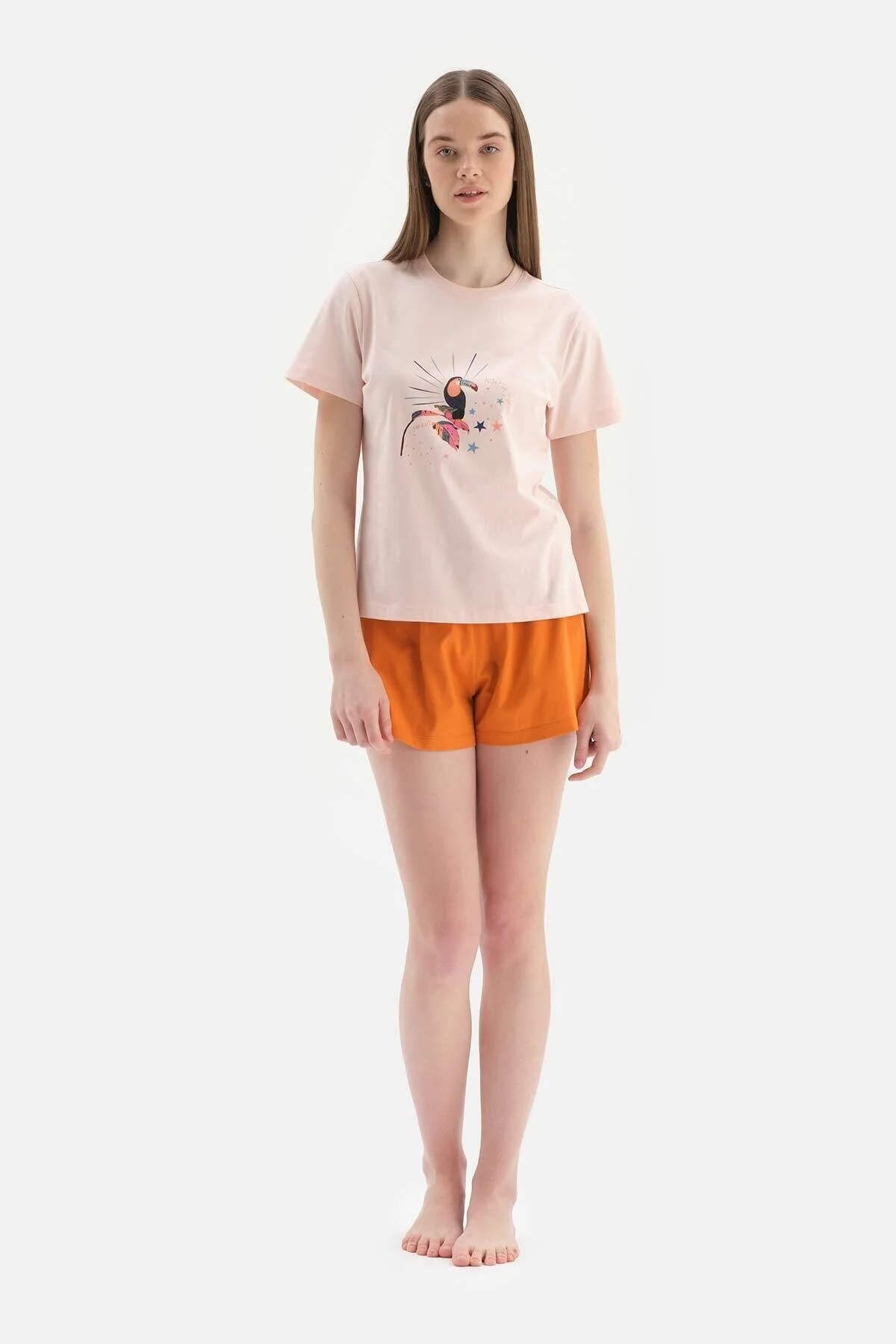 Bild von Dagi Hellrosa, Kurzärmliges, Bedrucktes, Detailliertes Pyjama-set Mit Shorts für Damen - L