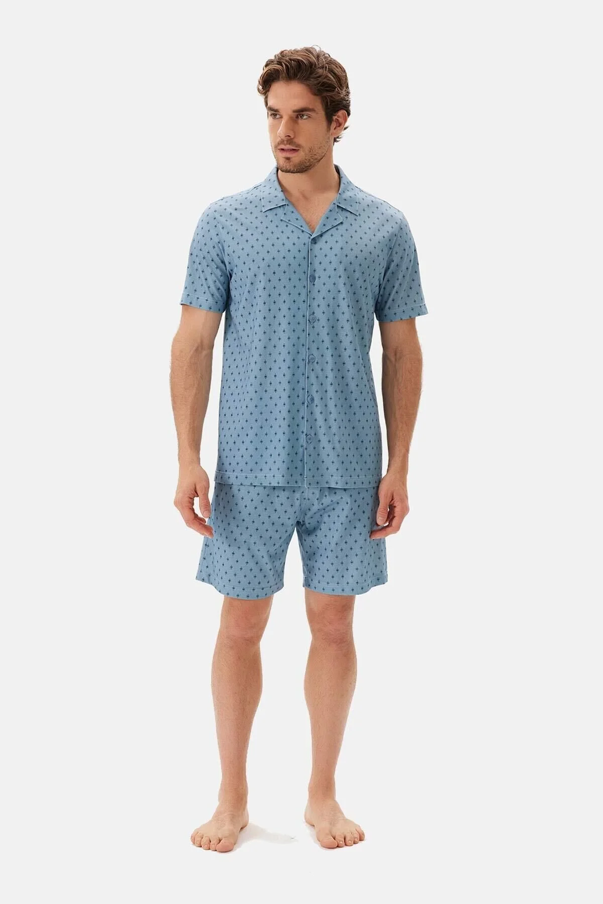 Bild von Dagi Gemustertes Blaues Hemd- Und Shorts-pyjama-set für Herren - S