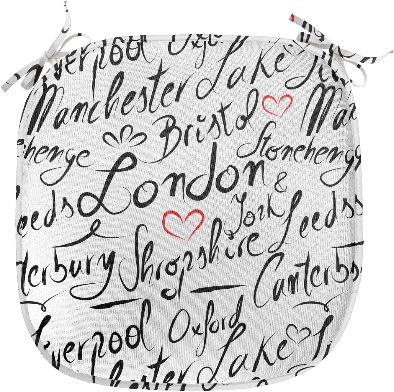 Bild von ABAKUHAUS England Polster für Esszimmerstühle, Hand Schriftzug Städte, Dekoratives wasserfestes Kissen mit Riemen für Küchensitze, 40 cm x 40 cm-2er Pack, Schwarz Weiß Vermilion