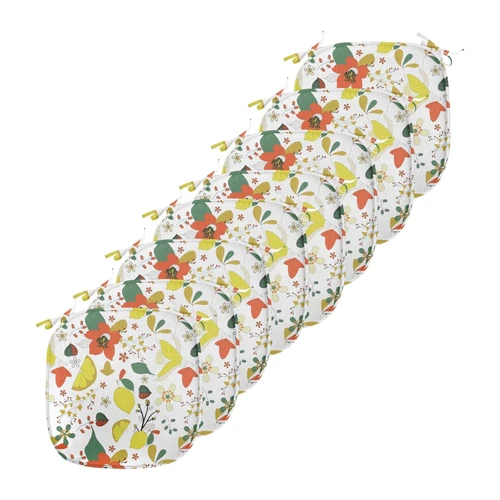 Bild von ABAKUHAUS Blumen Polster für Esszimmerstühle, Frühlings-Zitronen-Blätter, Dekoratives wasserfestes Kissen mit Riemen für Küchensitze, 40 cm x 40 cm-8er Pack, Rot, Gelb, Forest Green, Abakuhaus Stuhlkissen Dekoratives wasserfestes Kissen mit Riemen für Küchensitze, Blumen Frühlings-Zitronen-Blätter