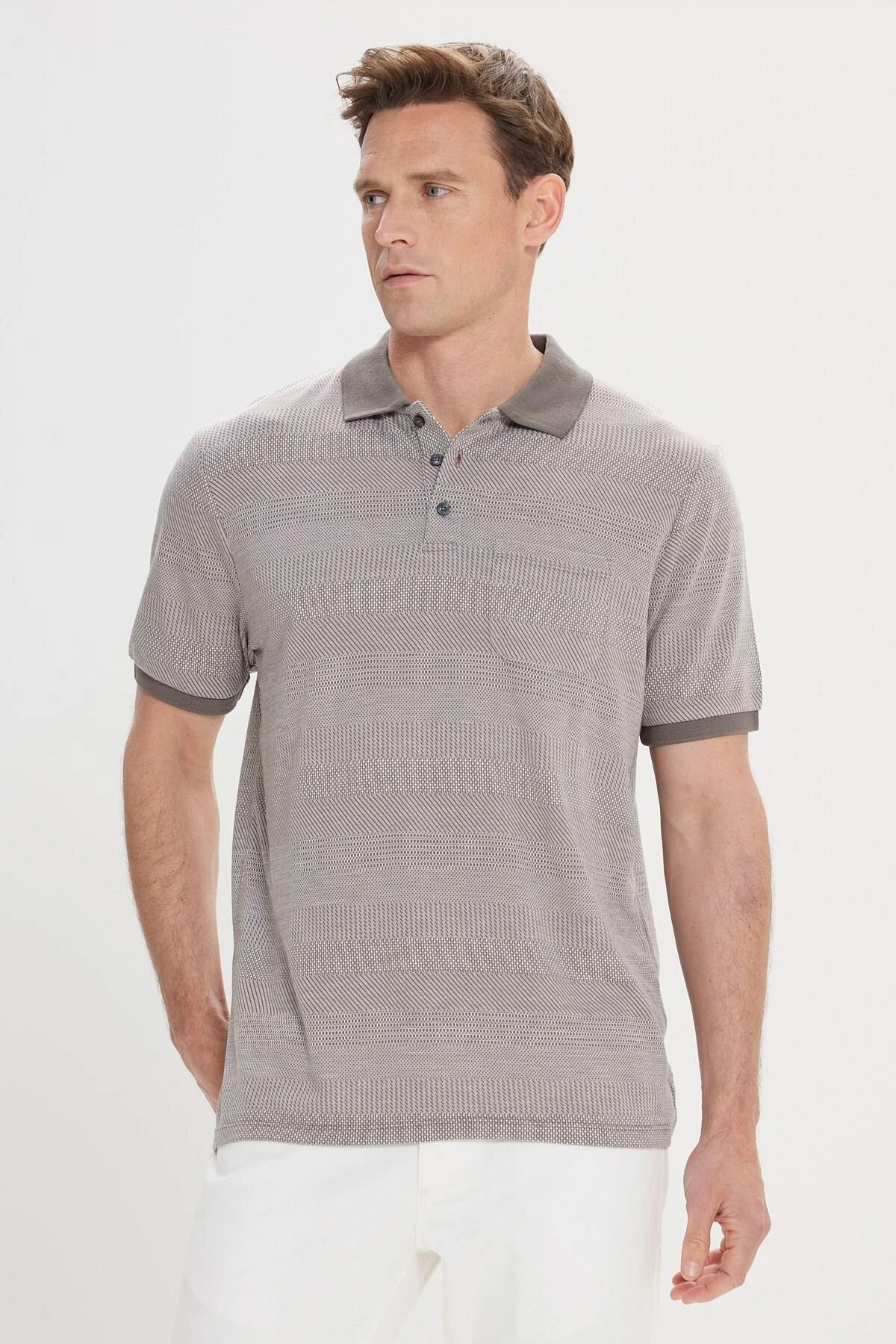 Bild von ALTINYILDIZ CLASSICS Nerzfarbenes Comfort-fit-jacquard-t-shirt Mit Polokragen für Herren - XL