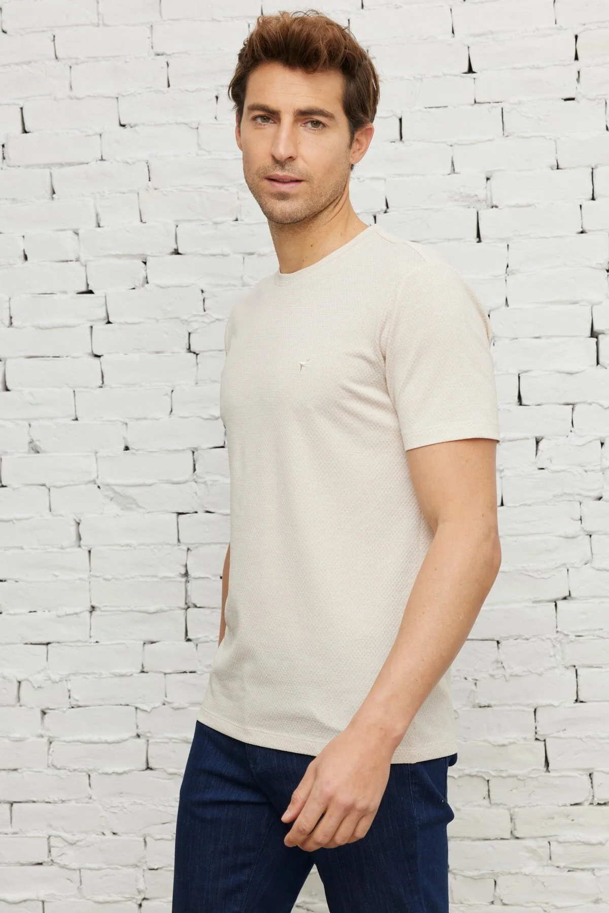 Bild von AC&Co / Altınyıldız Classics Beige-weißes, Bügelleichtes Slim Fit-t-shirt Aus Jaquard Mit Rundhalsausschnitt für Herren - L