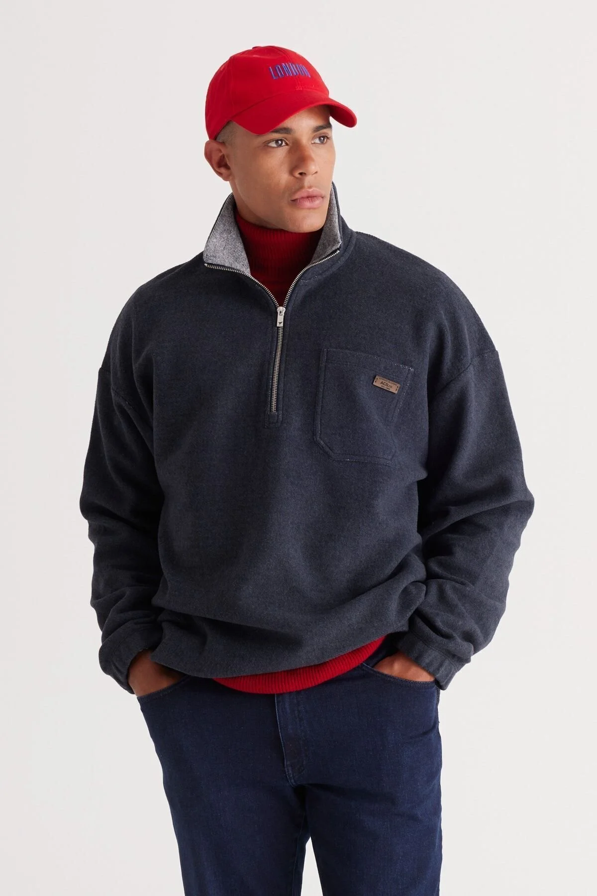 Bild von AC&Co / Altınyıldız Classics Sweatshirt Aus Indigo-melange-baumwolle Mit Lockerer Passform Aus Fleece Mit Hohem Bato-kragen für Herren - S
