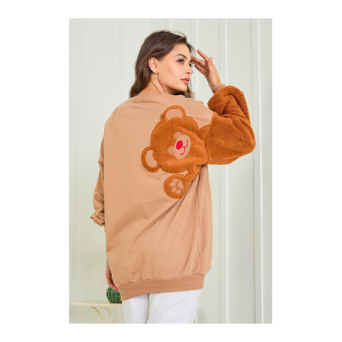 Bild von TOFİSA Hellbraunes Sweatshirt – Schlichter Rundhalsausschnitt – für Damen - S