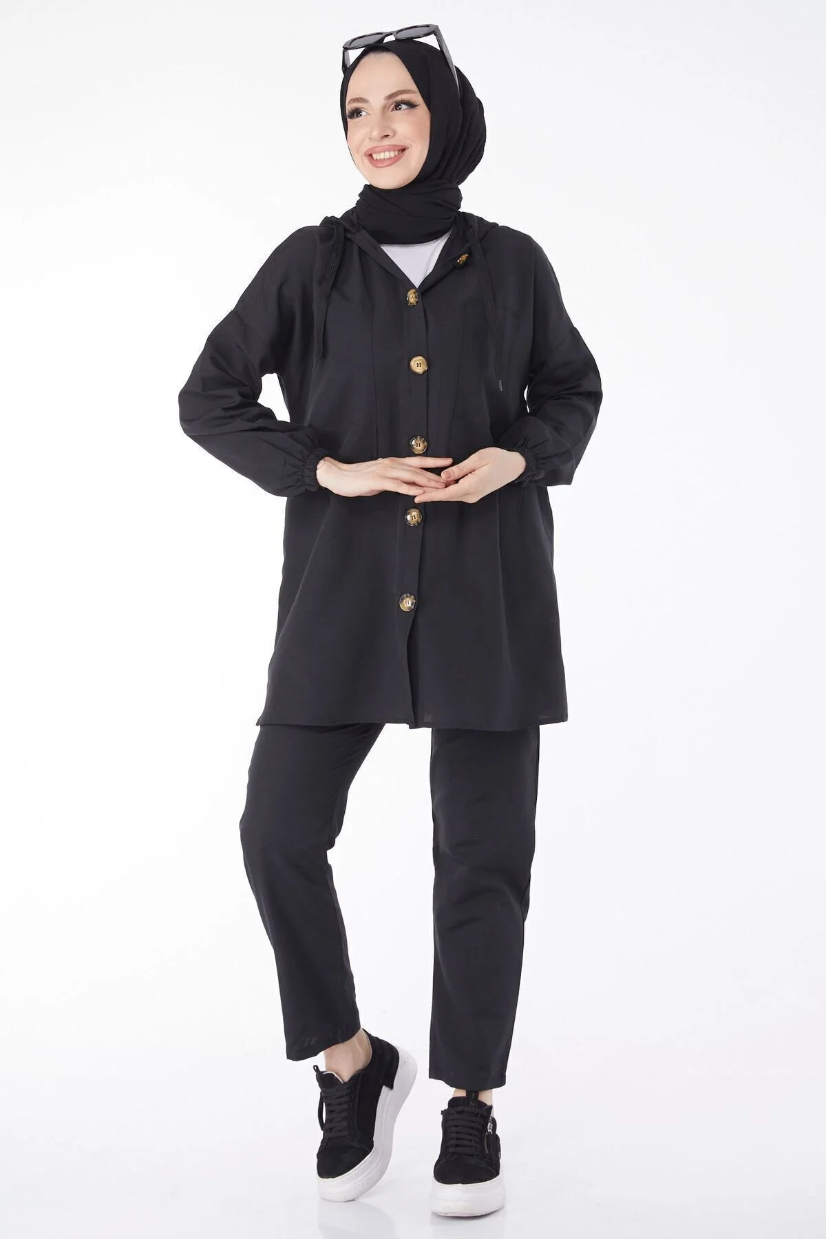 Bild von TOFİSA Hijab Oberteil Unterteil Set Schwarz Regular Fit für Damen - 46
