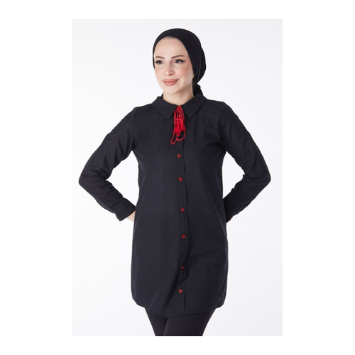 Bild von TOFİSA Schwarze Tunika Mit Flachem Hemdkragen Und Quastendetail – für Damen - 46