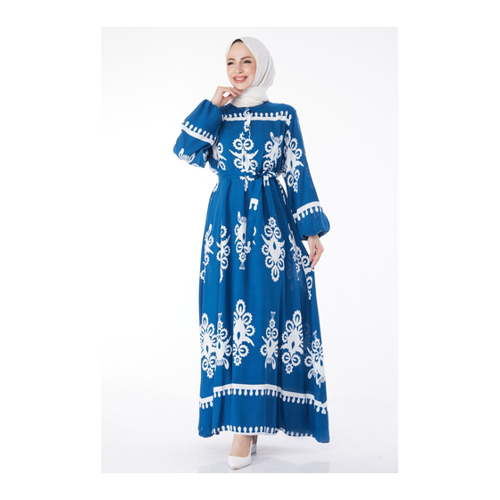 Bild von TOFİSA Gerades Häuptling-kragenkleid in Blauer Gemusterter Farbe - für Damen - XL