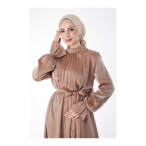 Bild von TOFİSA Schlichtes Kleid Mit Richterkragen Und Gürtel In Nerz- Und Steinoptik