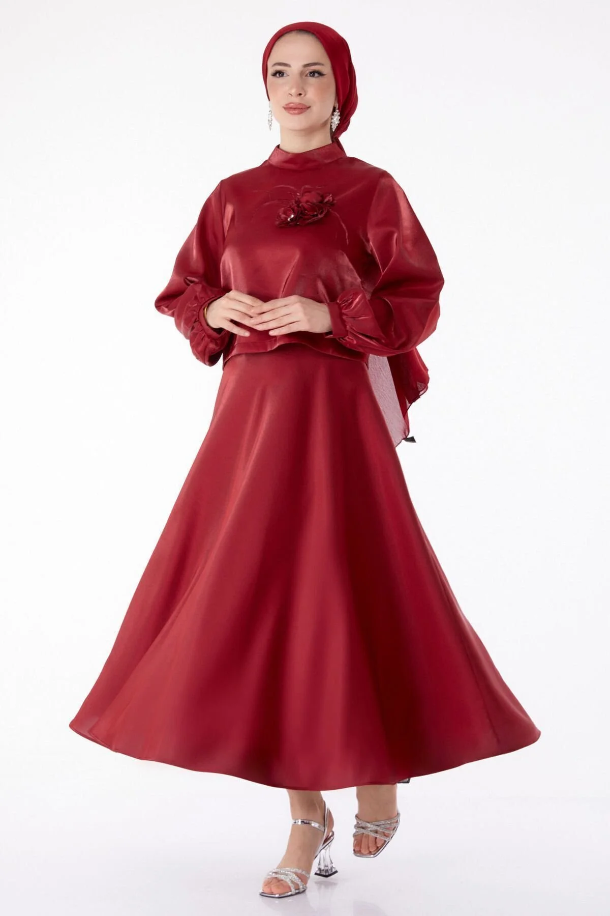 Bild von TOFİSA Burgunderrotes Abendkleid Aus Satin – Gerader Kragen – für Damen - 42