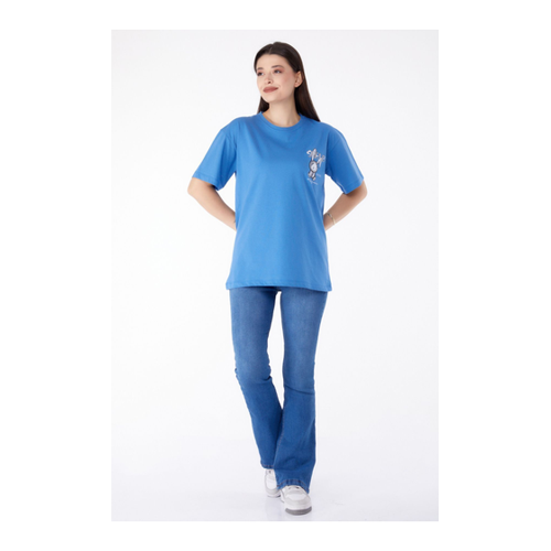 Bild von TOFİSA Blaues Bedrucktes T-shirt – Schlichter Rundhalsausschnitt für Damen - S